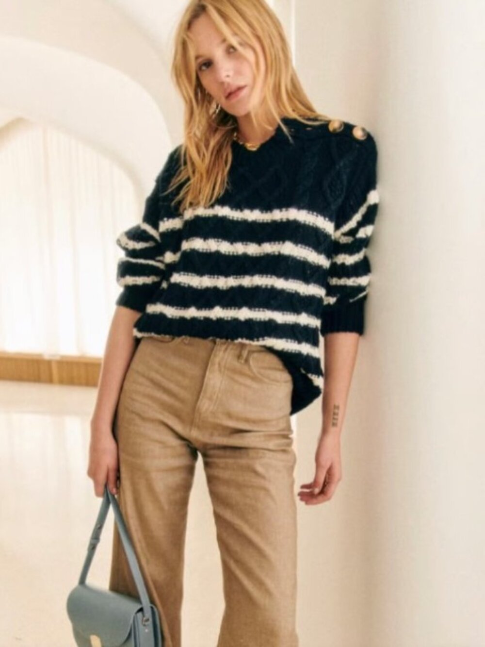 NEW Sezane James Sweater Jumper XS Wool Cotton Navy Blue Stripe
